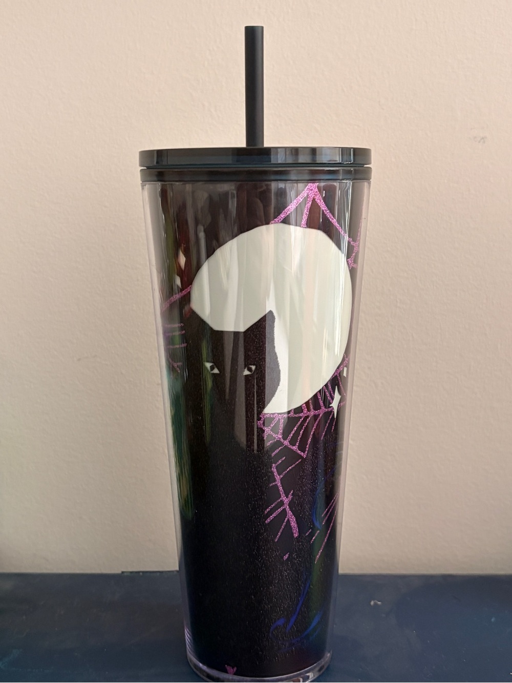 Starbucks Black Tumbler with White Moon and Pink Web Accents